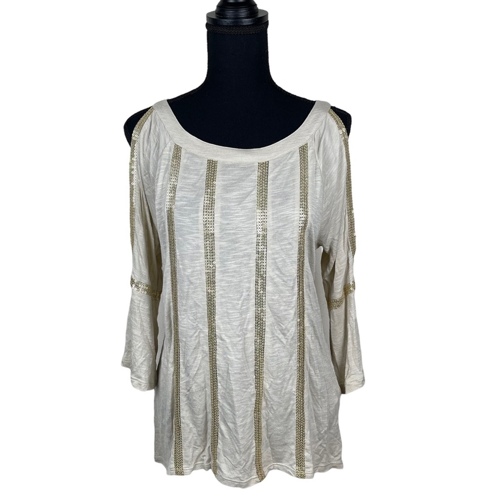Chicos Cold‎ Shoulder Top Size 0 Small Womens Gold Tan Sequins Blouse Tee Shirt